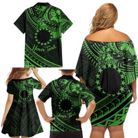 Kia Orana Cook Islands Family Matching Off Shoulder Short Dress and Hawaiian Shirt Circle Stars With Floral Green Pattern LT01 - Polynesian Pride