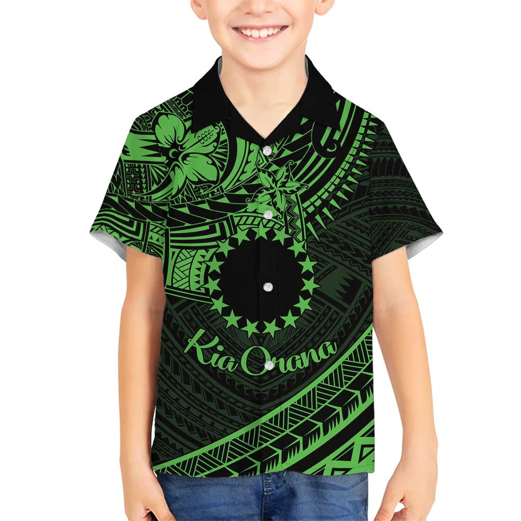 Kia Orana Cook Islands Family Matching Puletasi Dress and Hawaiian Shirt Circle Stars With Floral Green Pattern LT01 Son's Shirt Green - Polynesian Pride