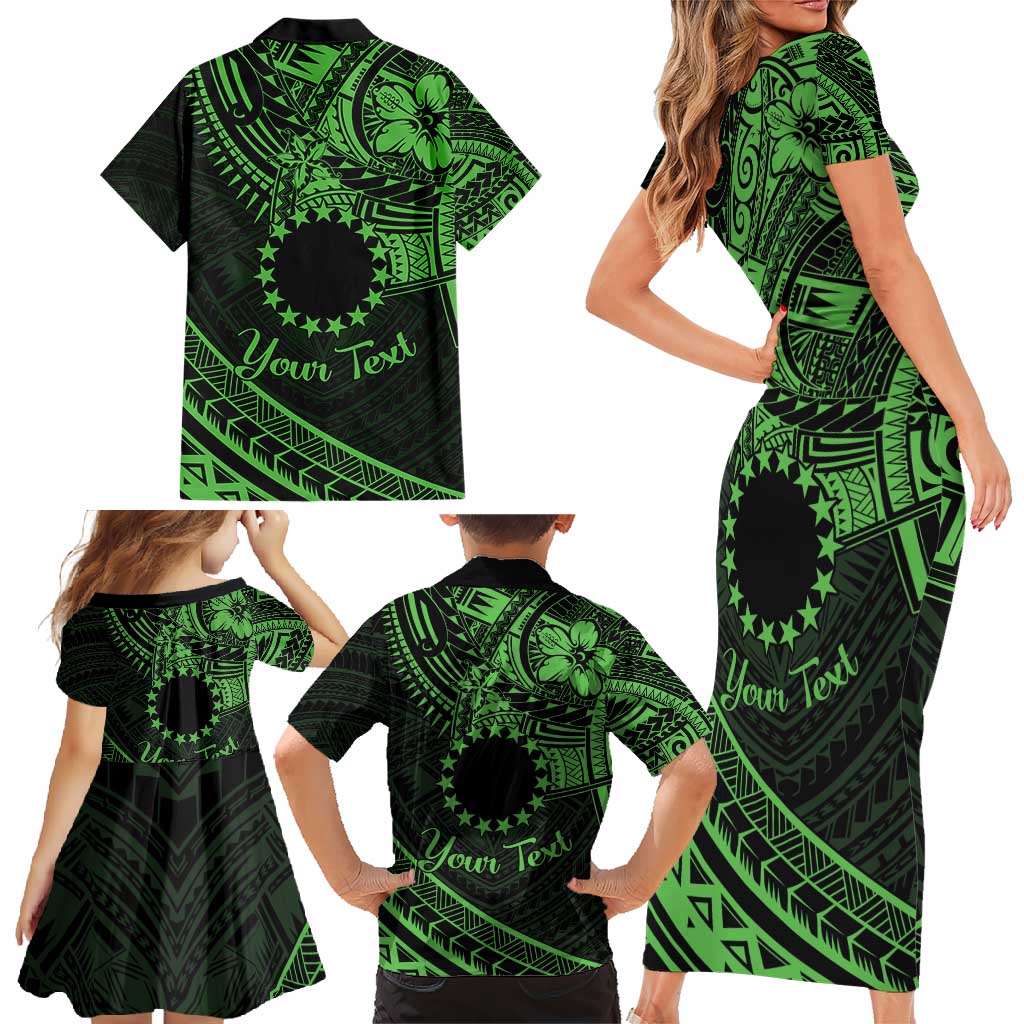 Kia Orana Cook Islands Family Matching Short Sleeve Bodycon Dress and Hawaiian Shirt Circle Stars With Floral Green Pattern LT01 - Polynesian Pride