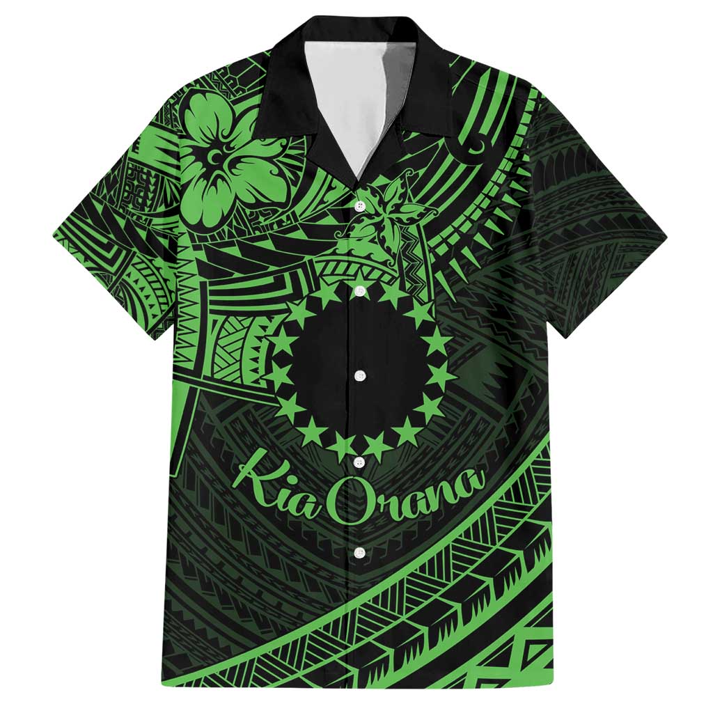 Kia Orana Cook Islands Family Matching Short Sleeve Bodycon Dress and Hawaiian Shirt Circle Stars With Floral Green Pattern LT01 Dad's Shirt - Short Sleeve Green - Polynesian Pride