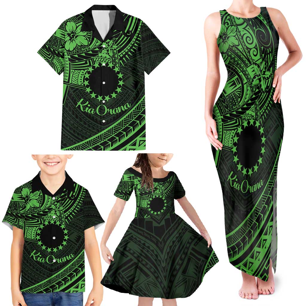 Kia Orana Cook Islands Family Matching Tank Maxi Dress and Hawaiian Shirt Circle Stars With Floral Green Pattern LT01 - Polynesian Pride