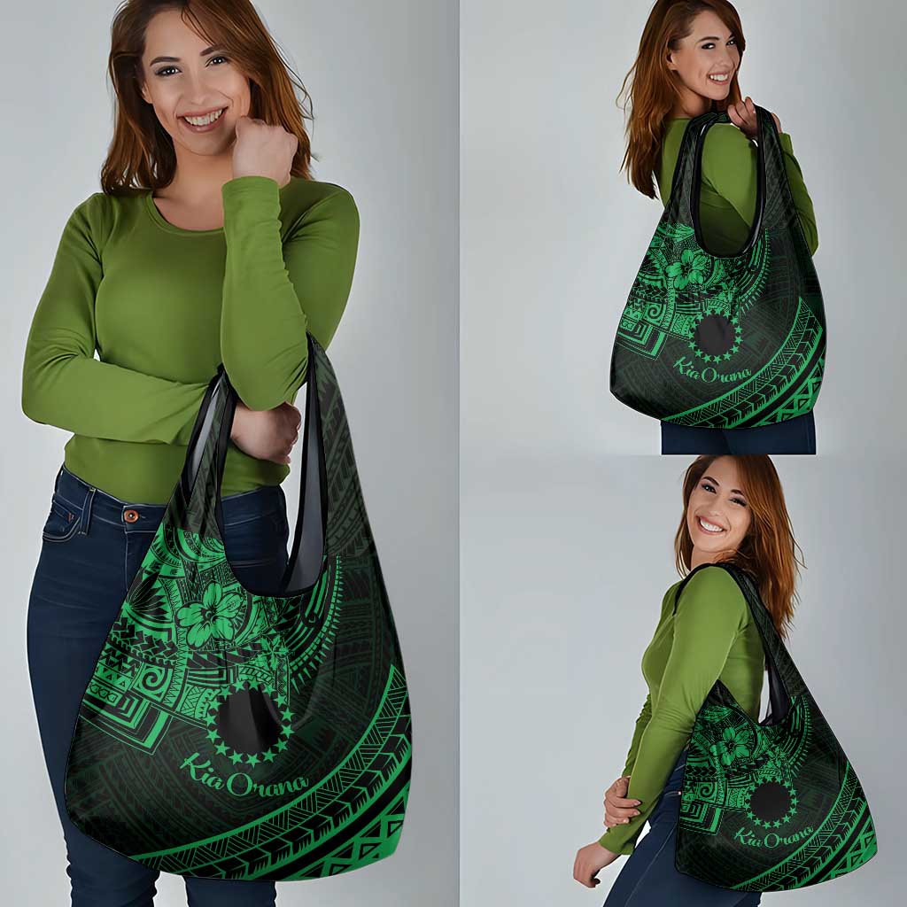 Kia Orana Cook Islands Grocery Bag Circle Stars With Floral Green Pattern