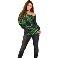Kia Orana Cook Islands Off Shoulder Sweater Circle Stars With Floral Green Pattern LT01