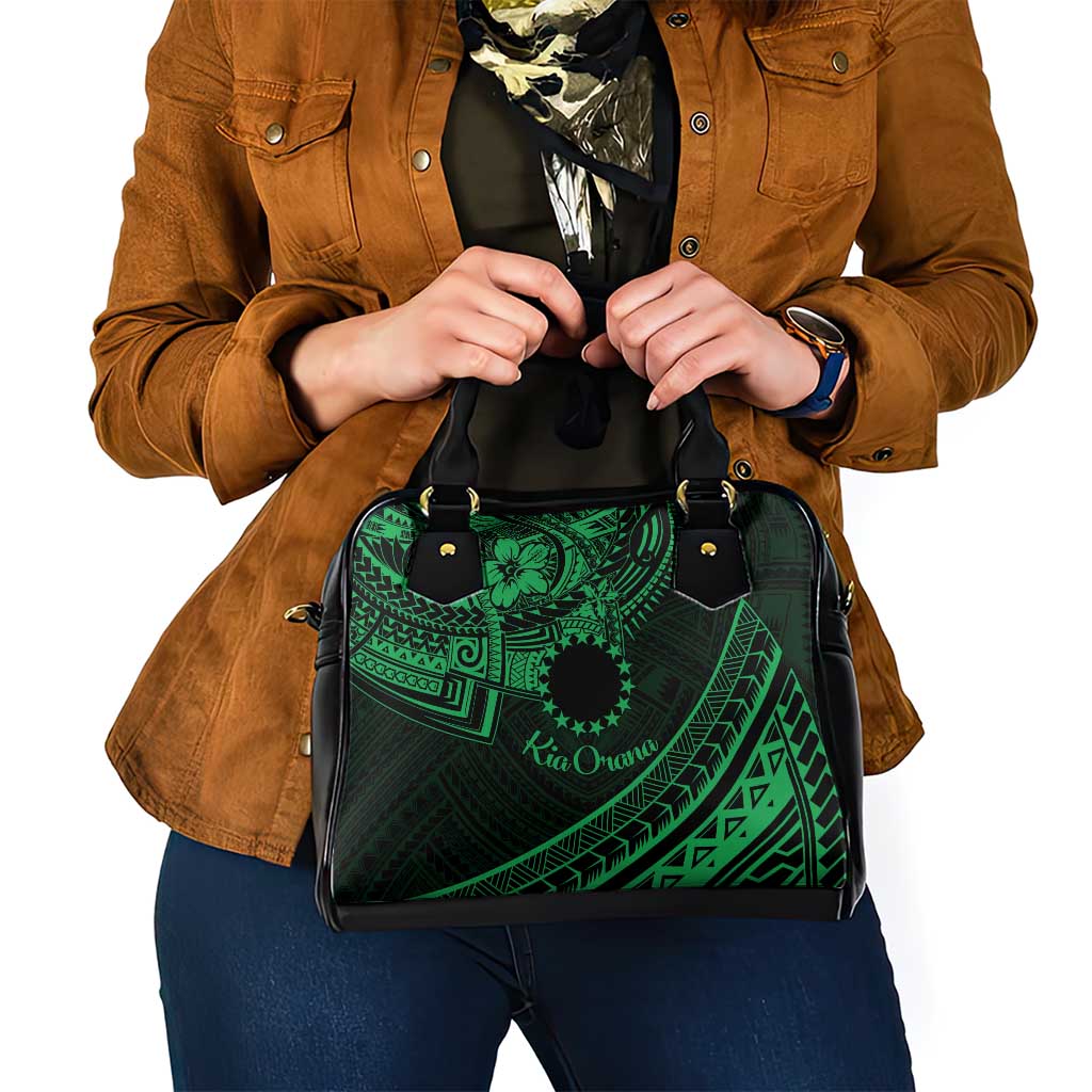Kia Orana Cook Islands Shoulder Handbag Circle Stars With Floral Green Pattern LT01