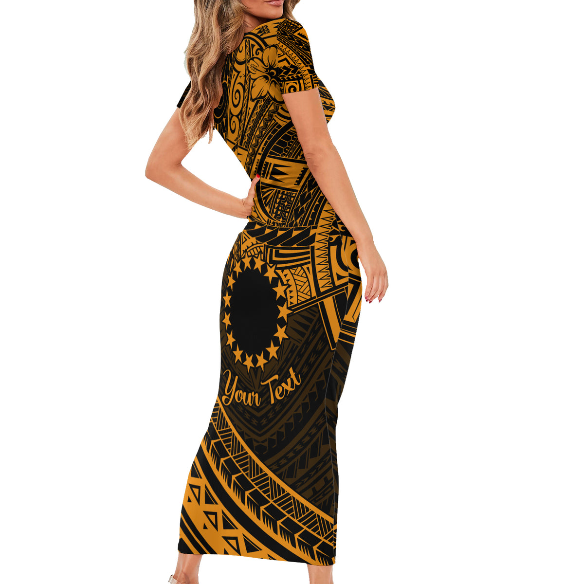 Kia Orana Cook Islands Family Matching Short Sleeve Bodycon Dress and Hawaiian Shirt Circle Stars With Floral Gold Pattern LT01 - Polynesian Pride