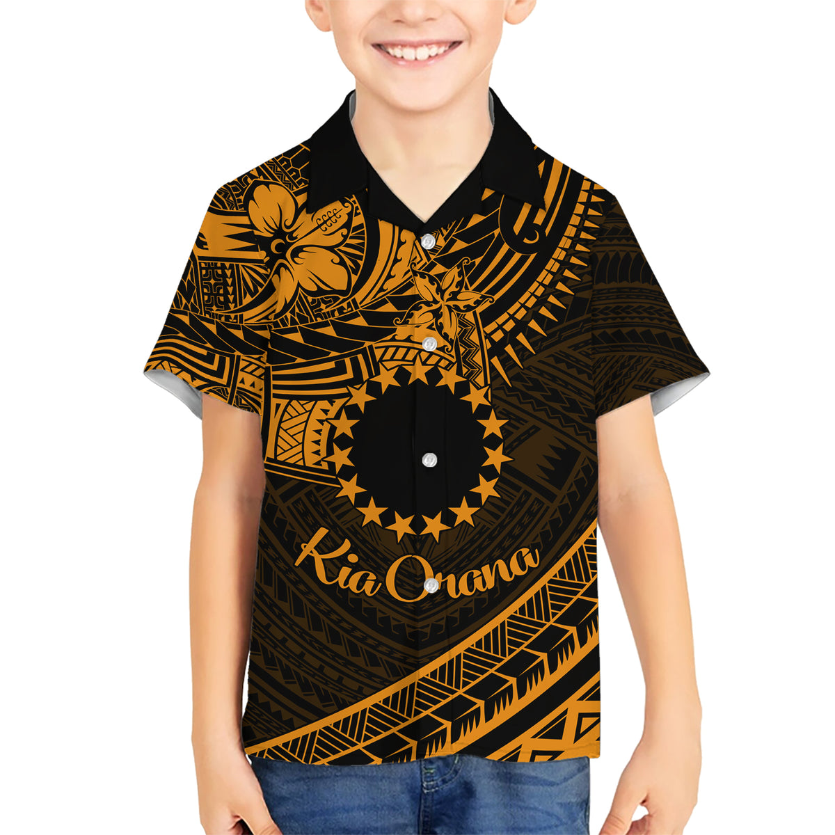 Kia Orana Cook Islands Kid Hawaiian Shirt Circle Stars With Floral Gold Pattern LT01 Kid Gold - Polynesian Pride