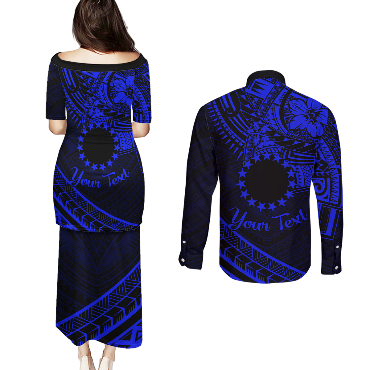 Kia Orana Cook Islands Couples Matching Puletasi Dress and Long Sleeve Button Shirt Circle Stars With Floral Navy Blue Pattern LT01 - Polynesian Pride