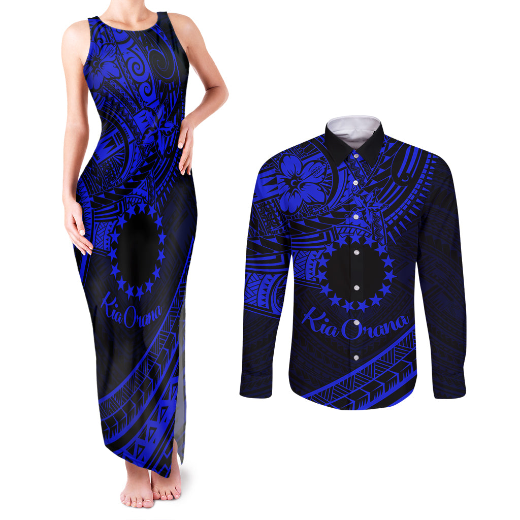Kia Orana Cook Islands Couples Matching Tank Maxi Dress and Long Sleeve Button Shirt Circle Stars With Floral Navy Blue Pattern LT01 Blue - Polynesian Pride