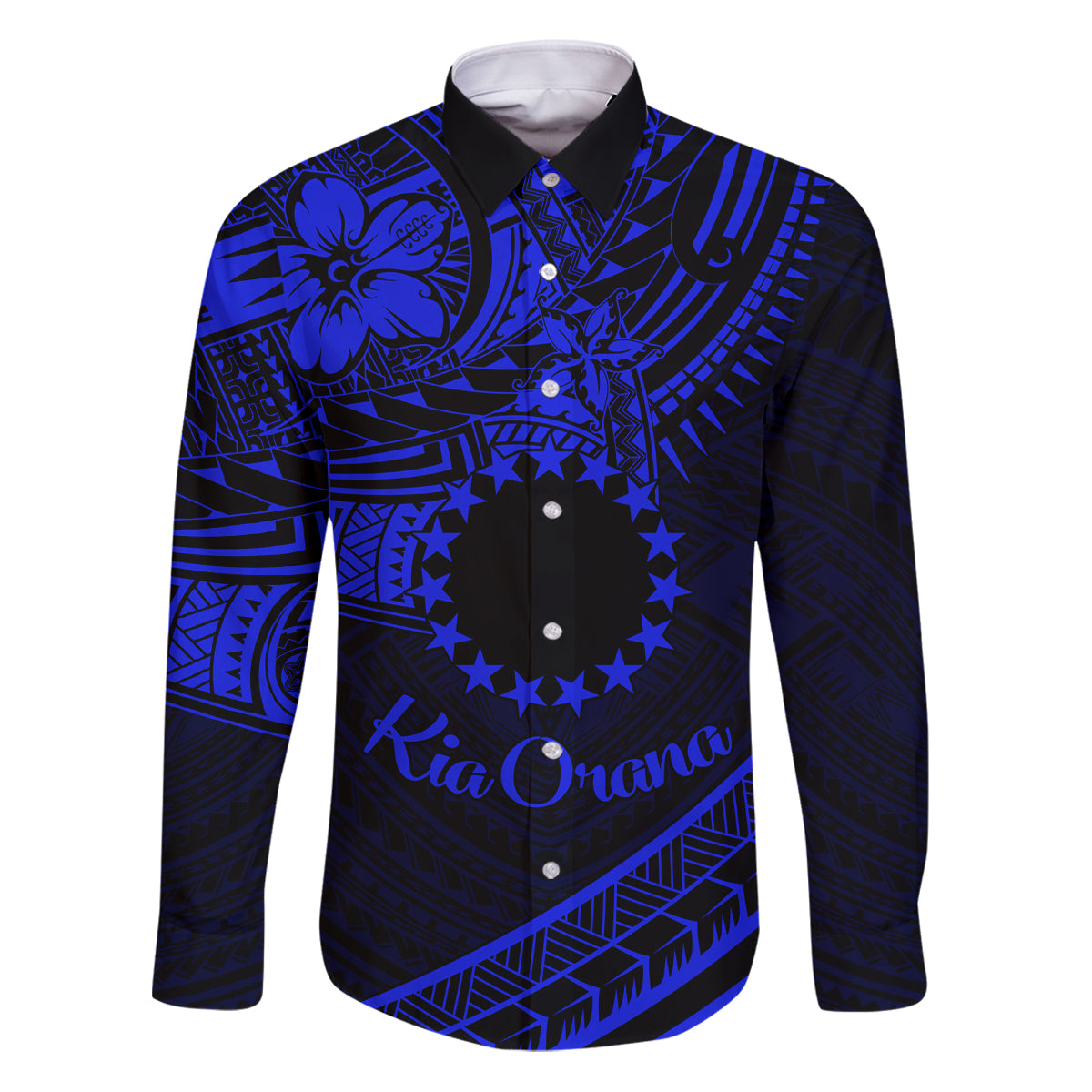 Kia Orana Cook Islands Family Matching Puletasi Dress and Hawaiian Shirt Circle Stars With Floral Navy Blue Pattern LT01 Dad's Shirt - Long Sleeve Blue - Polynesian Pride