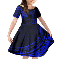 Kia Orana Cook Islands Family Matching Short Sleeve Bodycon Dress and Hawaiian Shirt Circle Stars With Floral Navy Blue Pattern LT01 Daughter's Dress Blue - Polynesian Pride