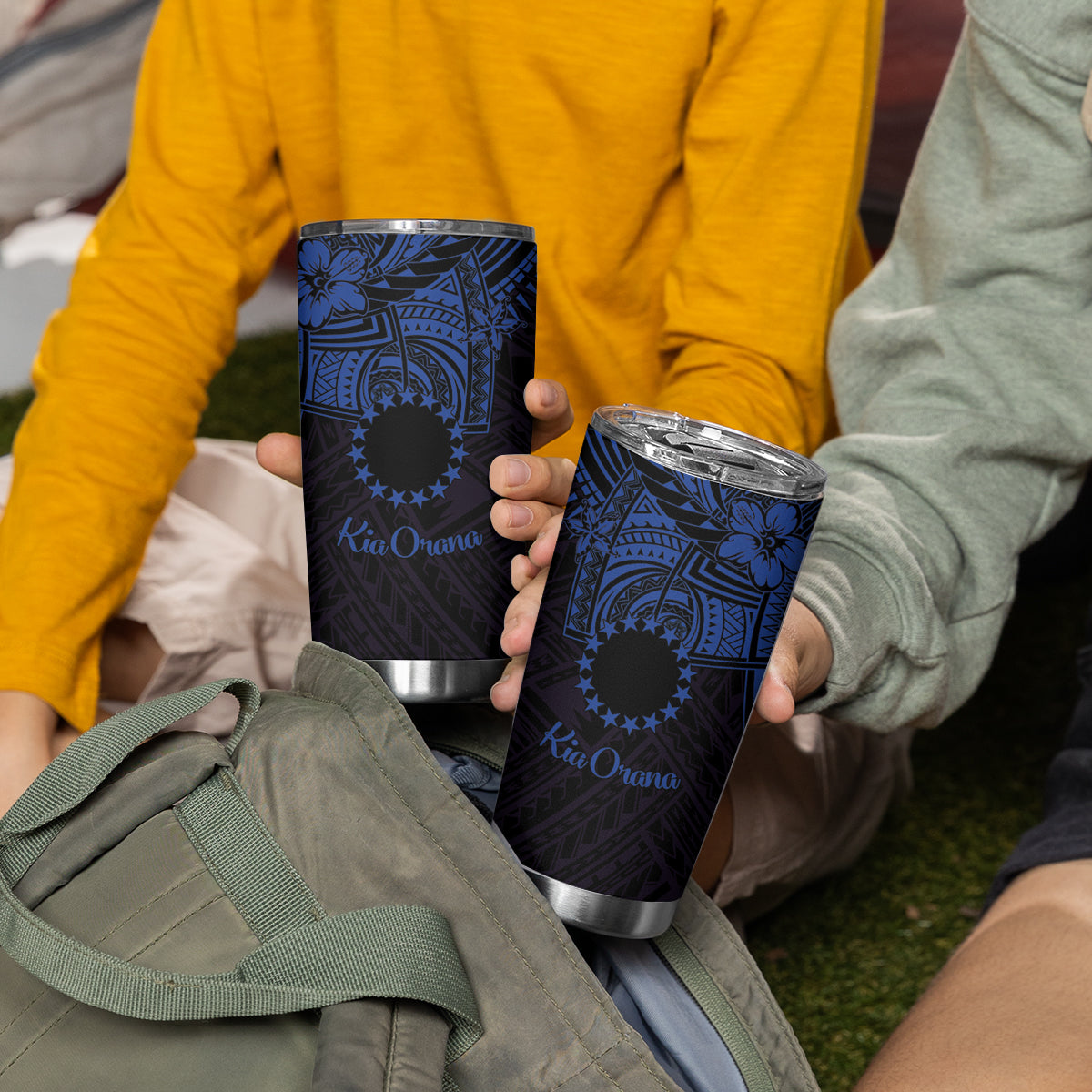 Kia Orana Cook Islands Tumbler Cup Circle Stars With Floral Navy Blue Pattern
