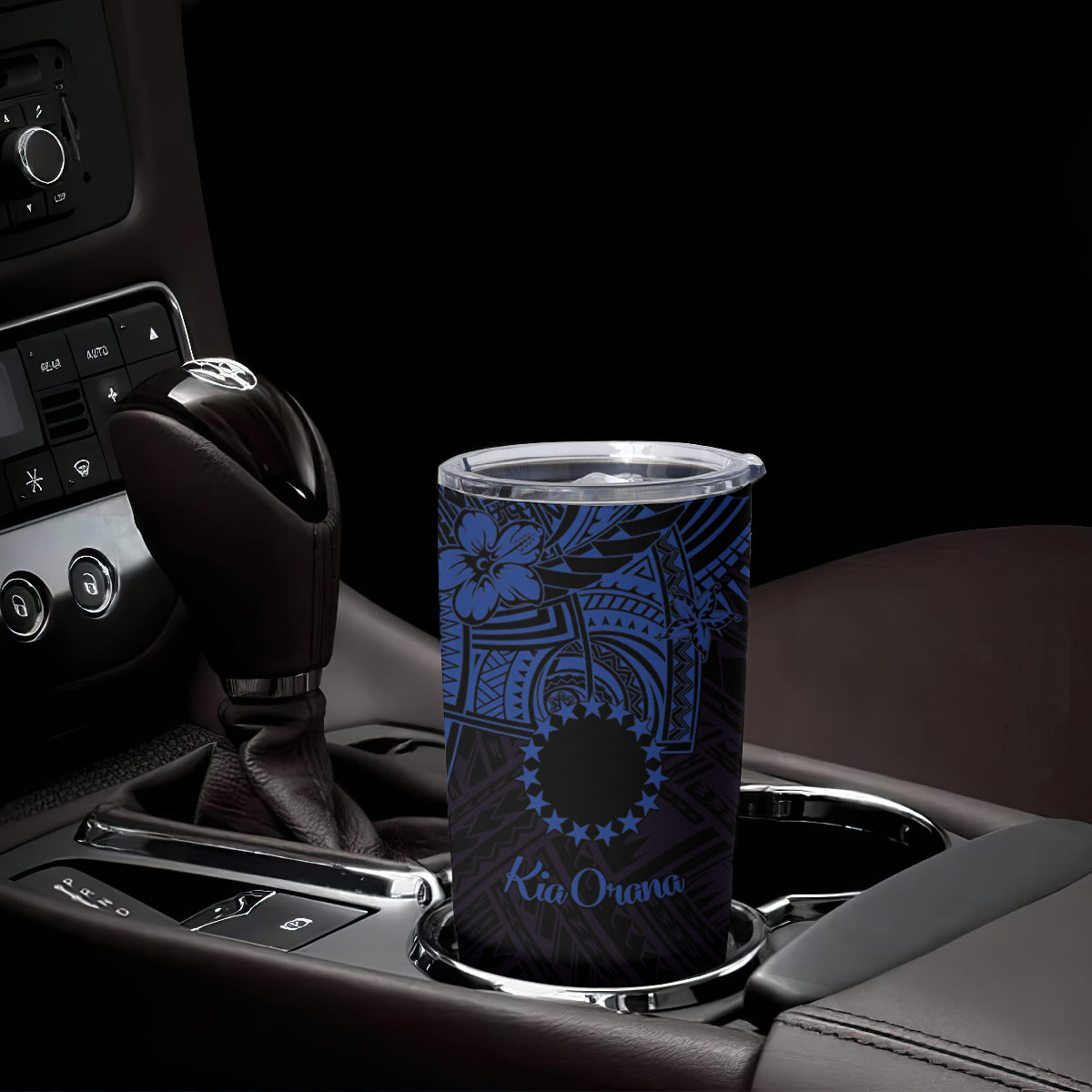 Kia Orana Cook Islands Tumbler Cup Circle Stars With Floral Navy Blue Pattern