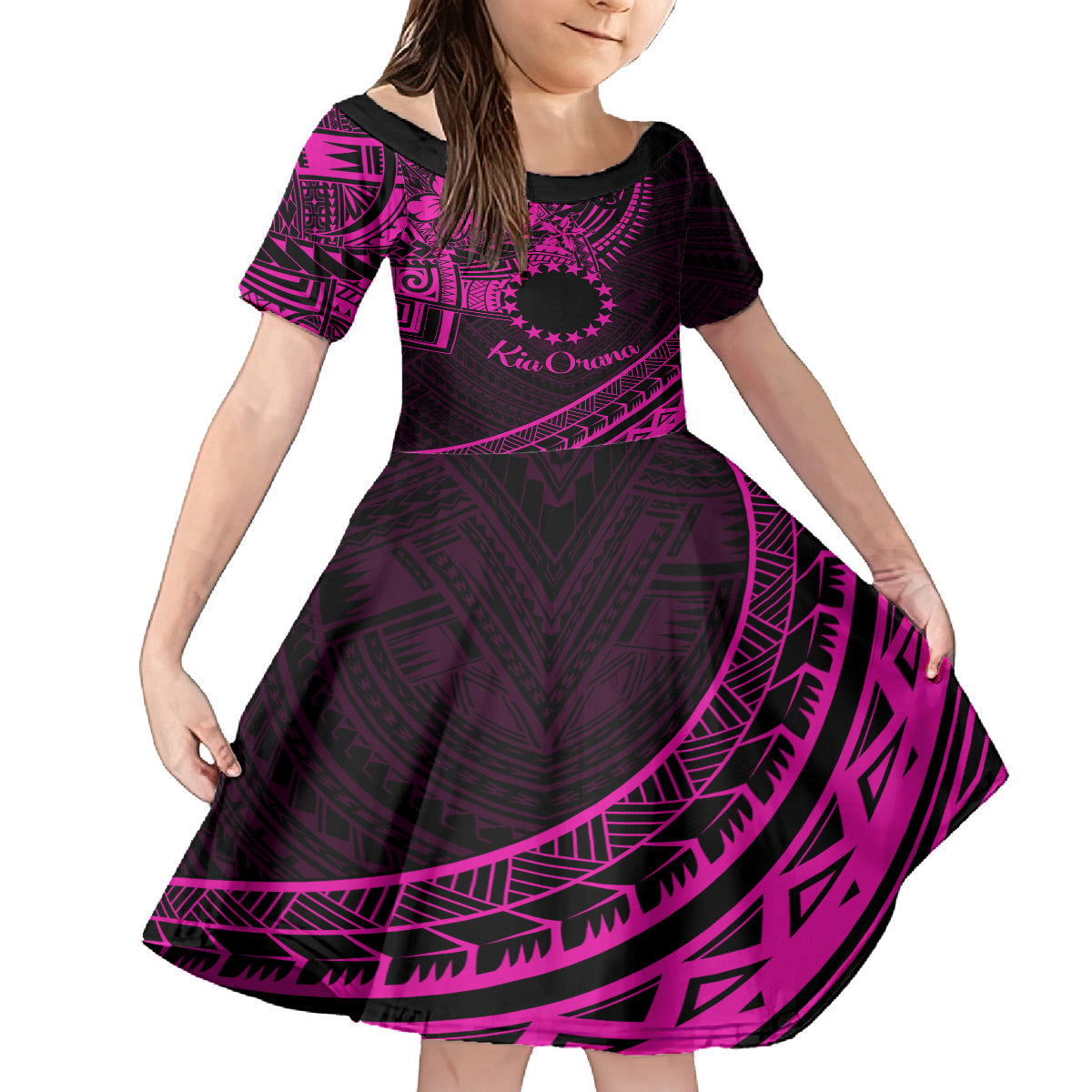 Kia Orana Cook Islands Family Matching Long Sleeve Bodycon Dress and Hawaiian Shirt Circle Stars With Floral Pink Pattern LT01 Daughter's Dress Pink - Polynesian Pride