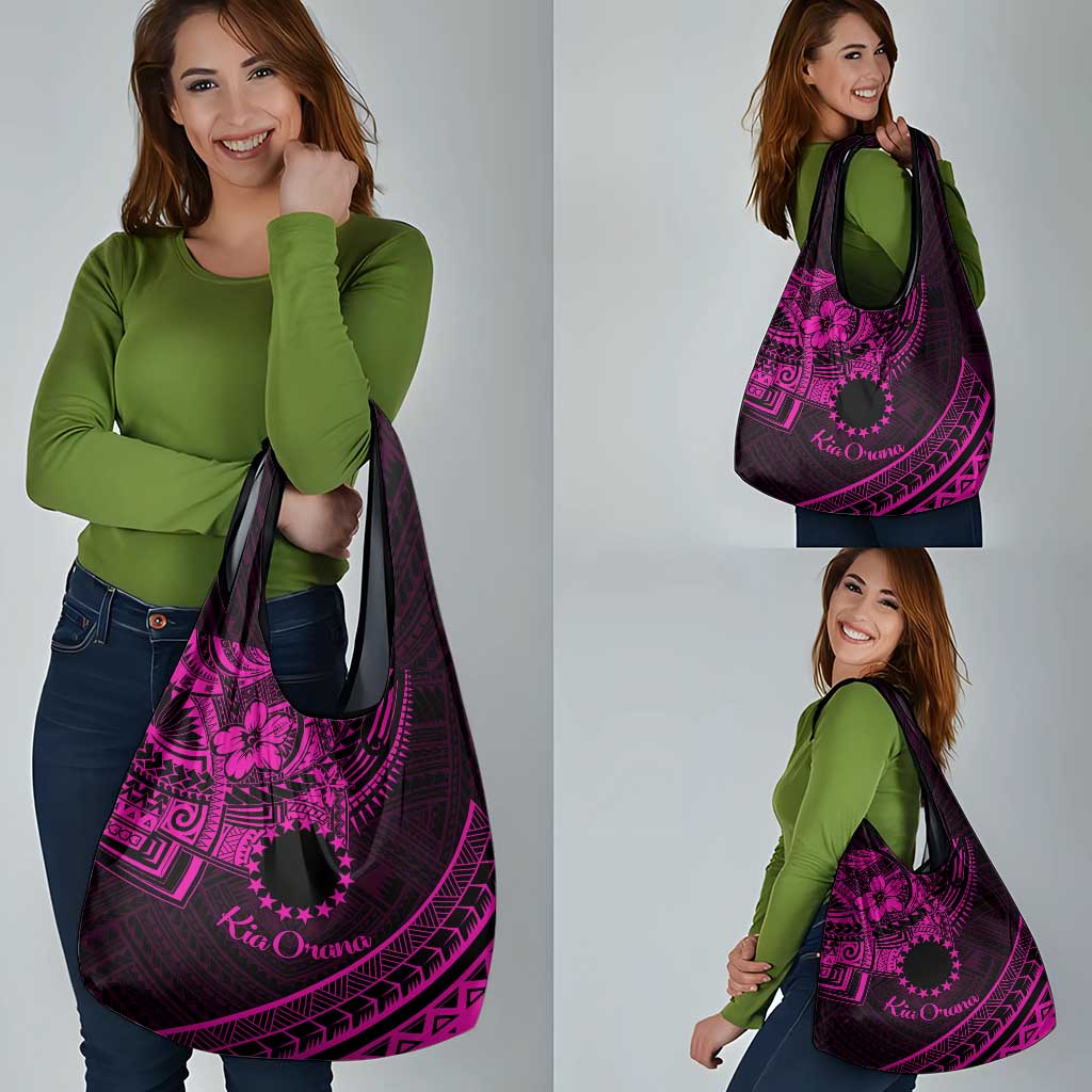 Kia Orana Cook Islands Grocery Bag Circle Stars With Floral Pink Pattern