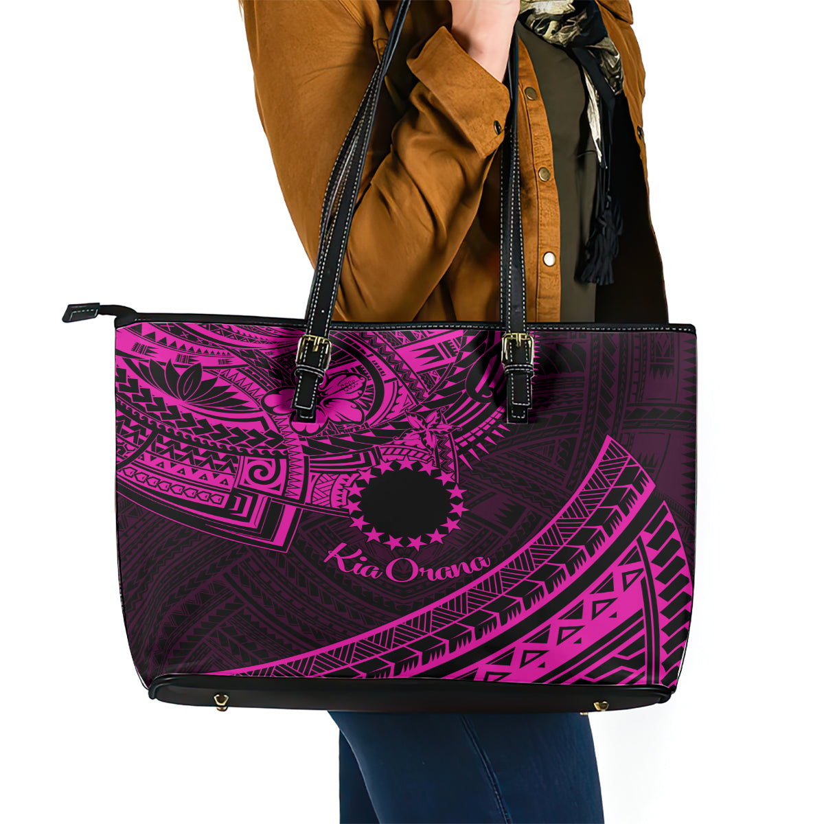 Kia Orana Cook Islands Leather Tote Bag Circle Stars With Floral Pink Pattern LT01 - Polynesian Pride