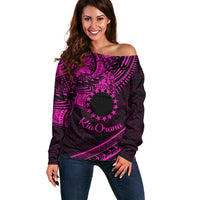 Kia Orana Cook Islands Off Shoulder Sweater Circle Stars With Floral Pink Pattern LT01 Women Pink - Polynesian Pride