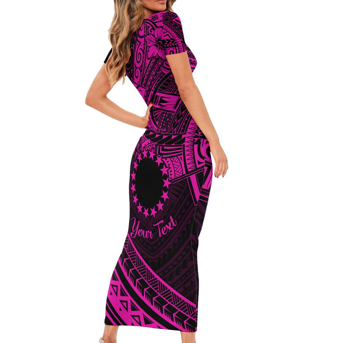 Kia Orana Cook Islands Short Sleeve Bodycon Dress Circle Stars With Floral Pink Pattern LT01 - Polynesian Pride