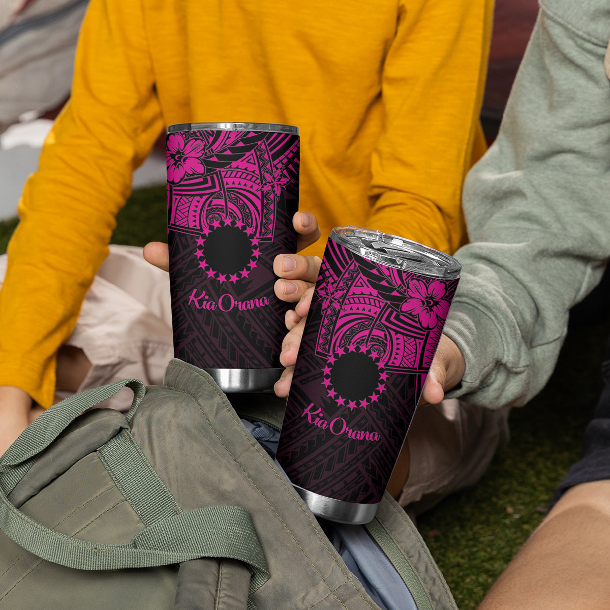 Kia Orana Cook Islands Tumbler Cup Circle Stars With Floral Pink Pattern
