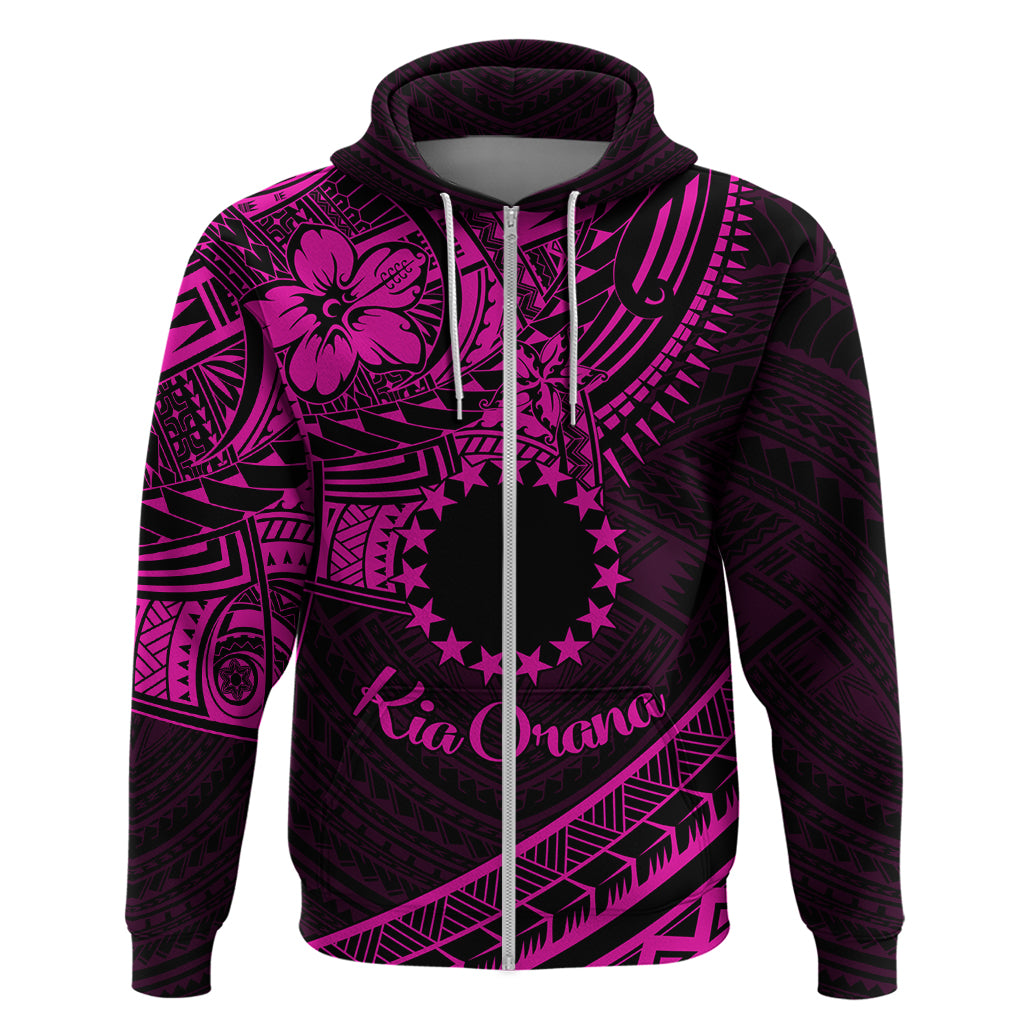 Kia Orana Cook Islands Zip Hoodie Circle Stars With Floral Pink Pattern LT01 Zip Hoodie Pink - Polynesian Pride