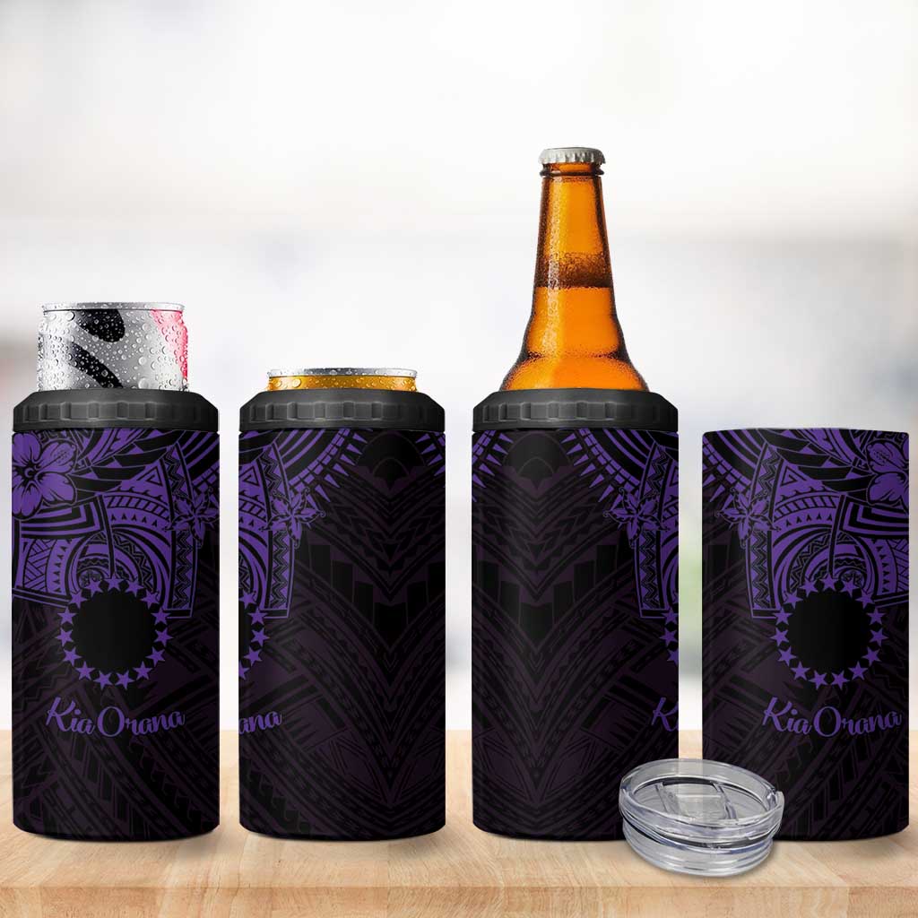 Kia Orana Cook Islands 4 in 1 Can Cooler Tumbler Circle Stars With Floral Purple Pattern
