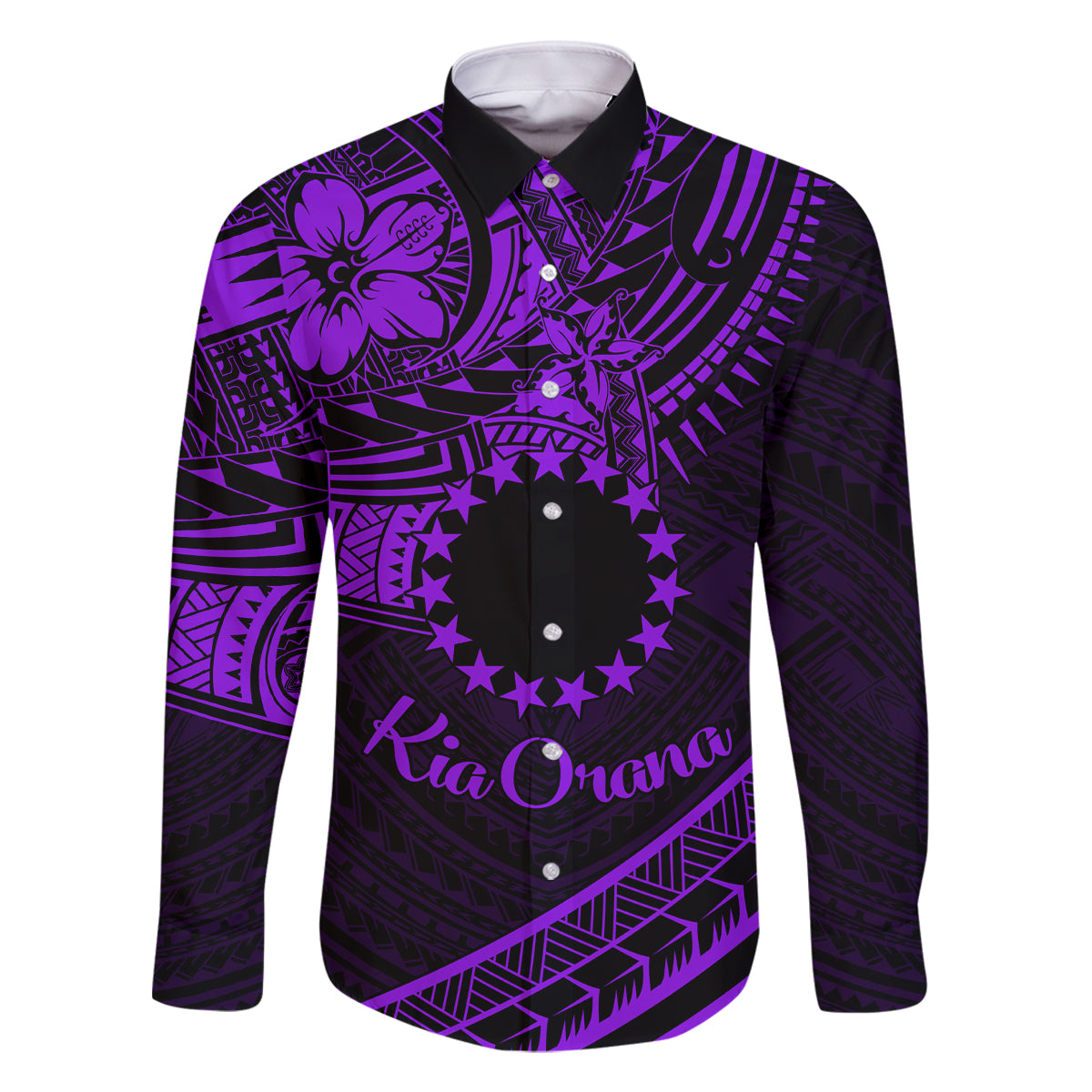 Kia Orana Cook Islands Family Matching Off Shoulder Maxi Dress and Hawaiian Shirt Circle Stars With Floral Purple Pattern LT01 Dad's Shirt - Long Sleeve Purple - Polynesian Pride