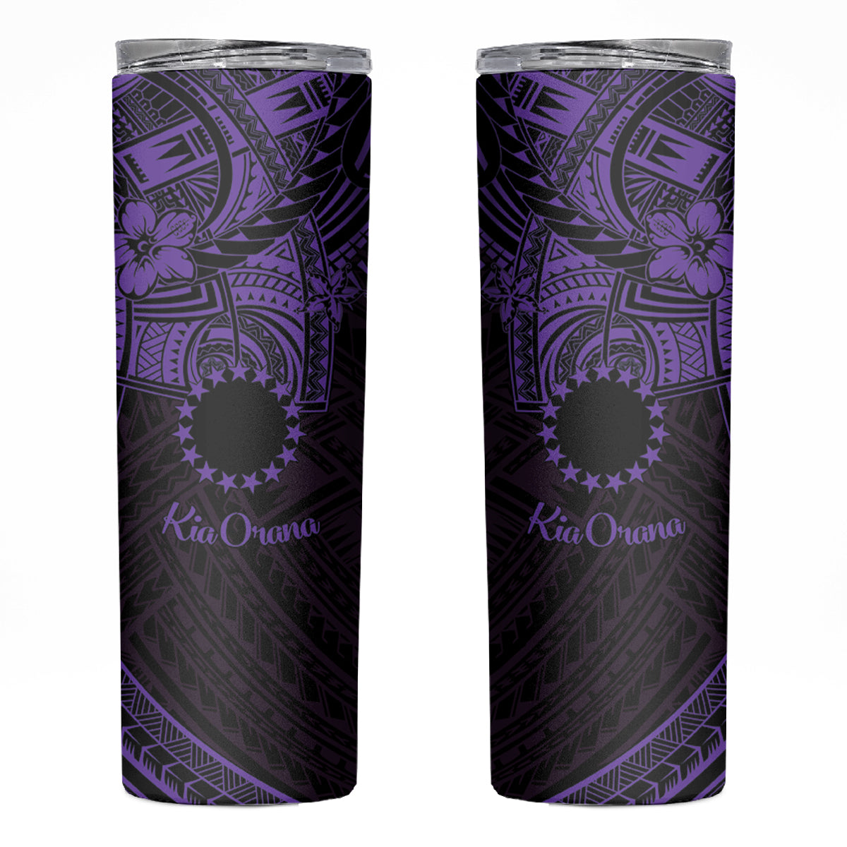 Kia Orana Cook Islands Skinny Tumbler Circle Stars With Floral Purple Pattern LT01 Purple - Polynesian Pride