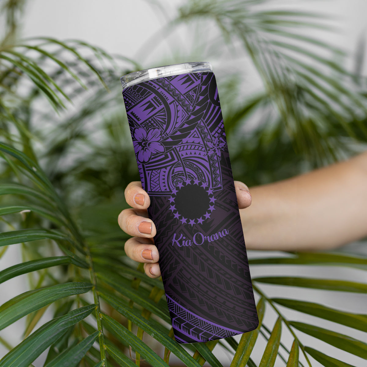 Kia Orana Cook Islands Skinny Tumbler Circle Stars With Floral Purple Pattern LT01 - Polynesian Pride
