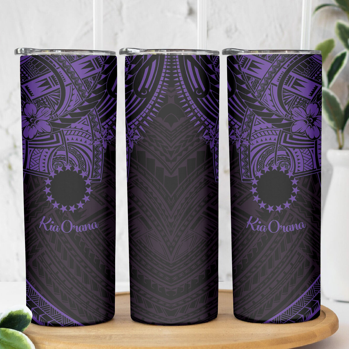 Kia Orana Cook Islands Skinny Tumbler Circle Stars With Floral Purple Pattern LT01 - Polynesian Pride