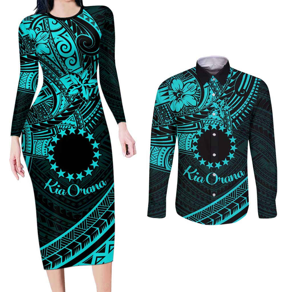 Kia Orana Cook Islands Couples Matching Long Sleeve Bodycon Dress and Long Sleeve Button Shirt Circle Stars With Floral Turquoise Pattern LT01 Turquoise - Polynesian Pride