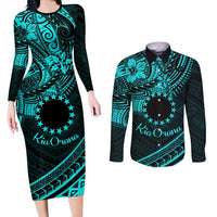 Kia Orana Cook Islands Couples Matching Long Sleeve Bodycon Dress and Long Sleeve Button Shirt Circle Stars With Floral Turquoise Pattern LT01 Turquoise - Polynesian Pride