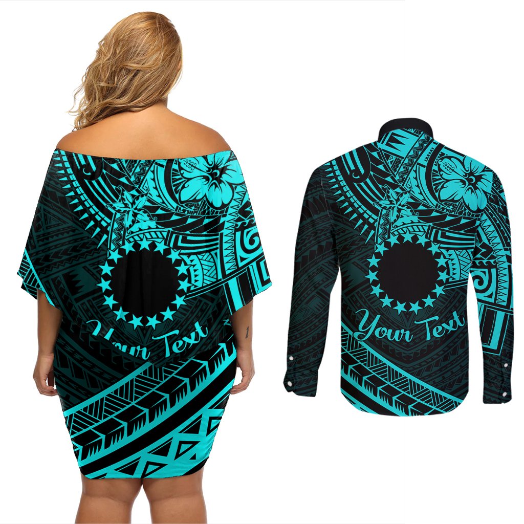 Kia Orana Cook Islands Couples Matching Off Shoulder Short Dress and Long Sleeve Button Shirt Circle Stars With Floral Turquoise Pattern LT01 - Polynesian Pride
