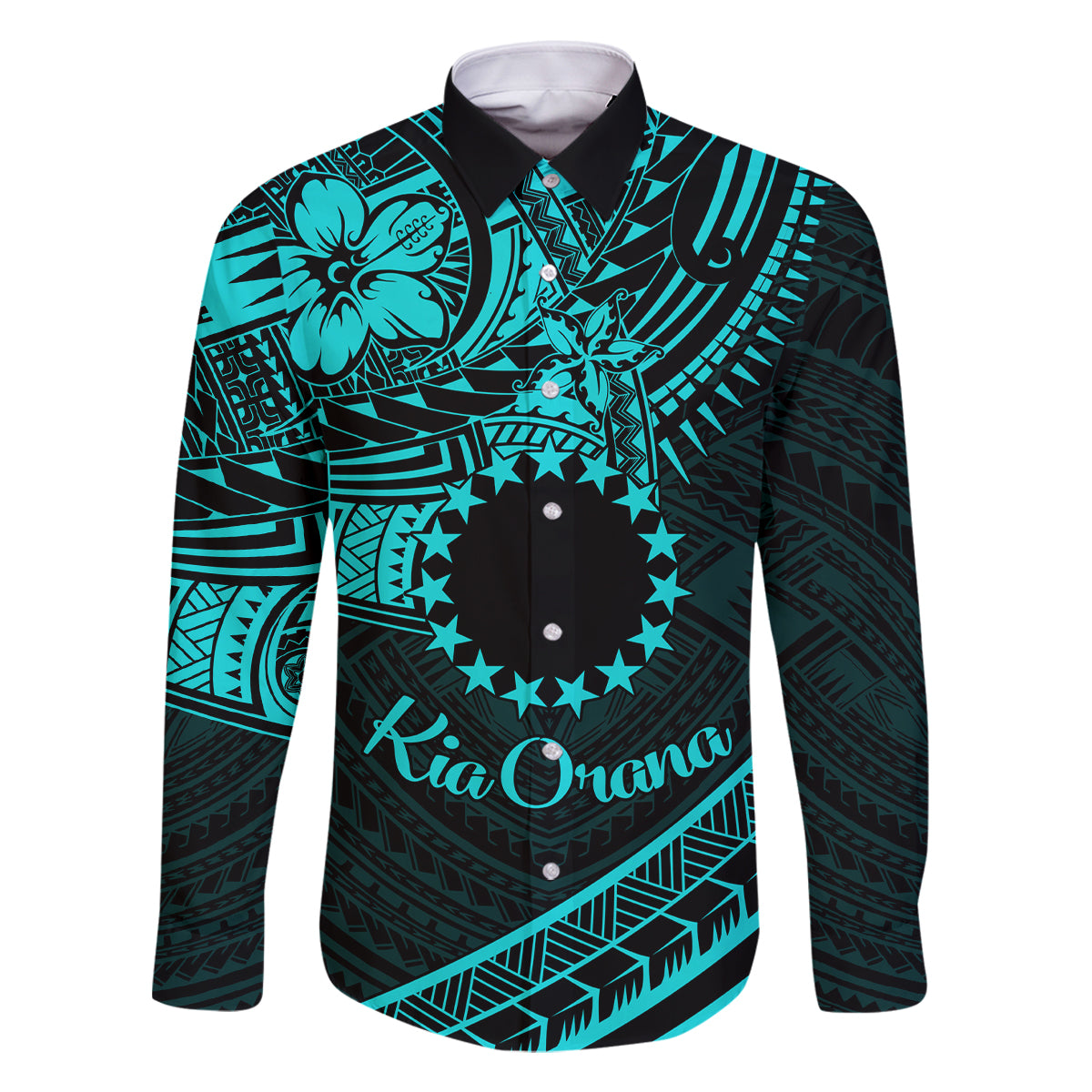 Kia Orana Cook Islands Family Matching Mermaid Dress and Hawaiian Shirt Circle Stars With Floral Turquoise Pattern LT01 Dad's Shirt - Long Sleeve Turquoise - Polynesian Pride