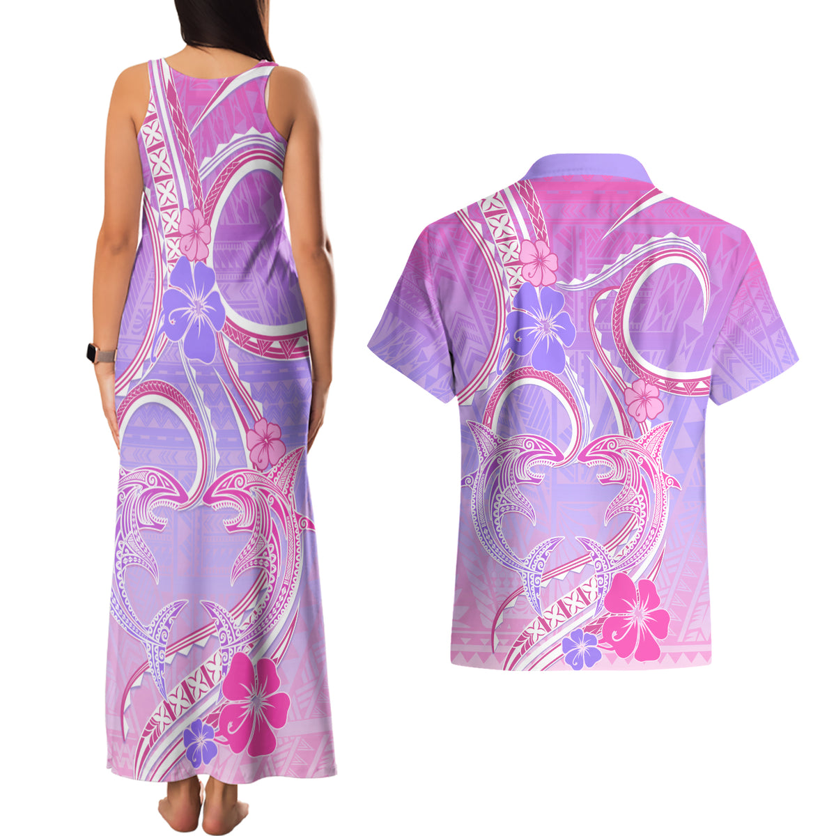 Polynesian Shark Valentine Couples Matching Tank Maxi Dress and Hawaiian Shirt Sweet Unique Version LT01 - Polynesian Pride