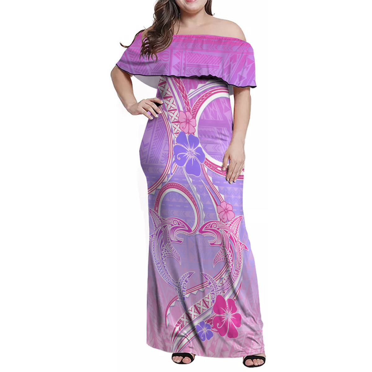 Polynesian Shark Valentine Family Matching Off Shoulder Maxi Dress and Hawaiian Shirt Sweet Unique Version LT01 Mom's Dress Pink - Polynesian Pride