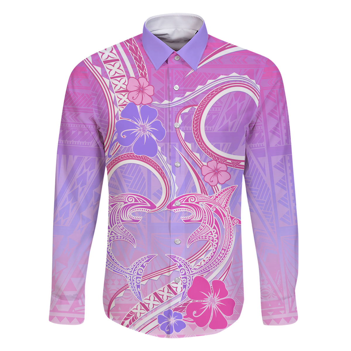 Polynesian Shark Valentine Family Matching Short Sleeve Bodycon Dress and Hawaiian Shirt Sweet Unique Version LT01 Dad's Shirt - Long Sleeve Pink - Polynesian Pride