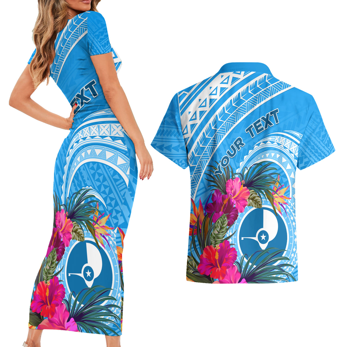 Yap Day Couples Matching Short Sleeve Bodycon Dress and Hawaiian Shirt Nam nu Waqab Tropical Flower LT01 - Polynesian Pride