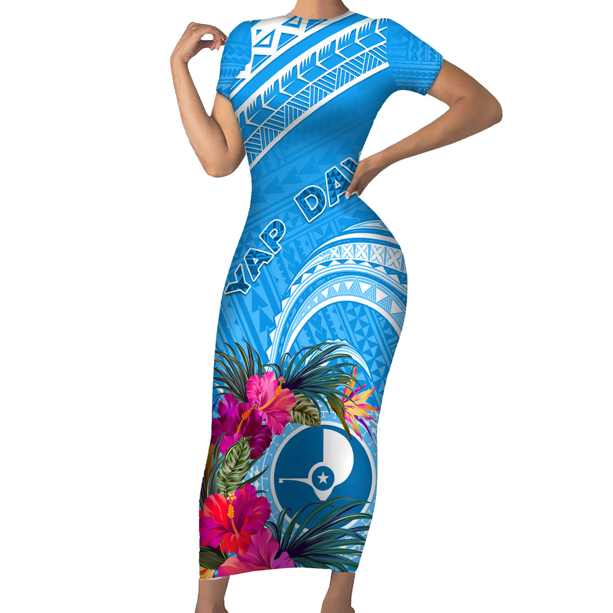 Yap Day Family Matching Short Sleeve Bodycon Dress and Hawaiian Shirt Nam nu Waqab Tropical Flower LT01 Mom's Dress Blue - Polynesian Pride
