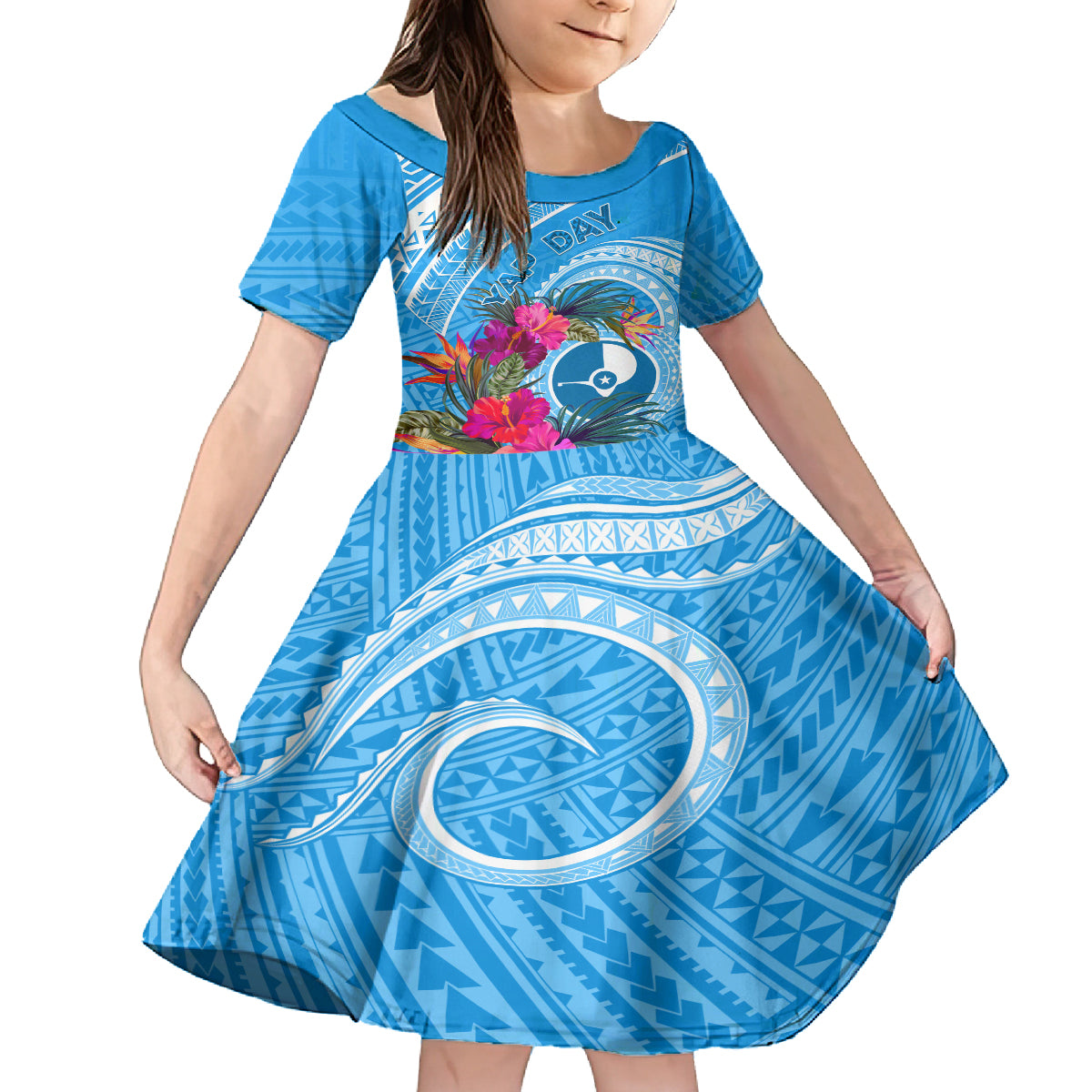 Yap Day Family Matching Summer Maxi Dress and Hawaiian Shirt Nam nu Waqab Tropical Flower LT01 Daughter's Dress Blue - Polynesian Pride