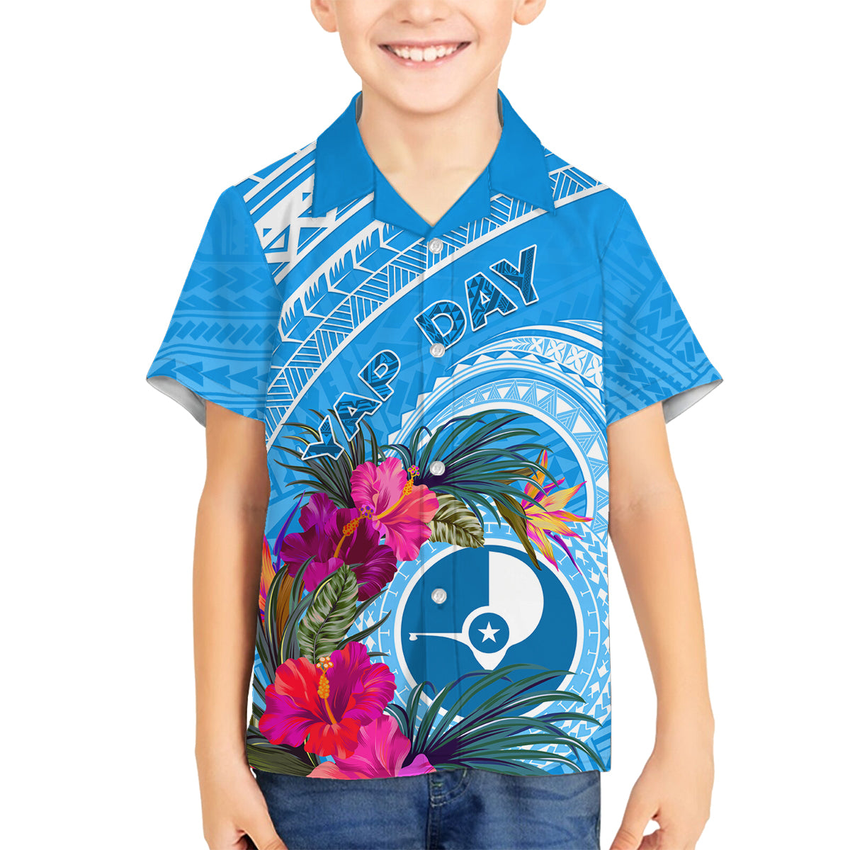 Yap Day Family Matching Summer Maxi Dress and Hawaiian Shirt Nam nu Waqab Tropical Flower LT01 Son's Shirt Blue - Polynesian Pride