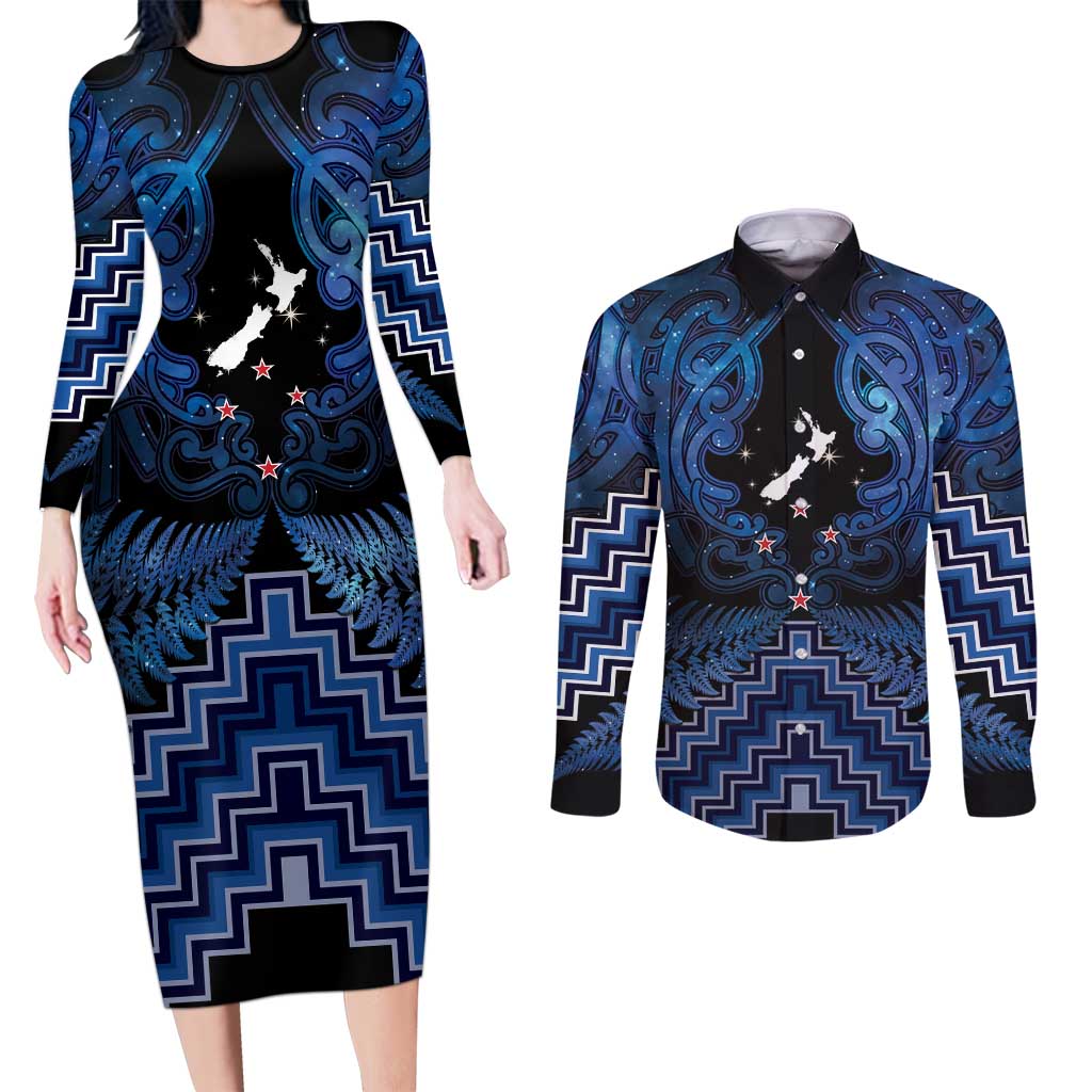 Personalised Aotearoa Matariki Couples Matching Long Sleeve Bodycon Dress and Long Sleeve Button Shirt Blue Fern Maori Poutama