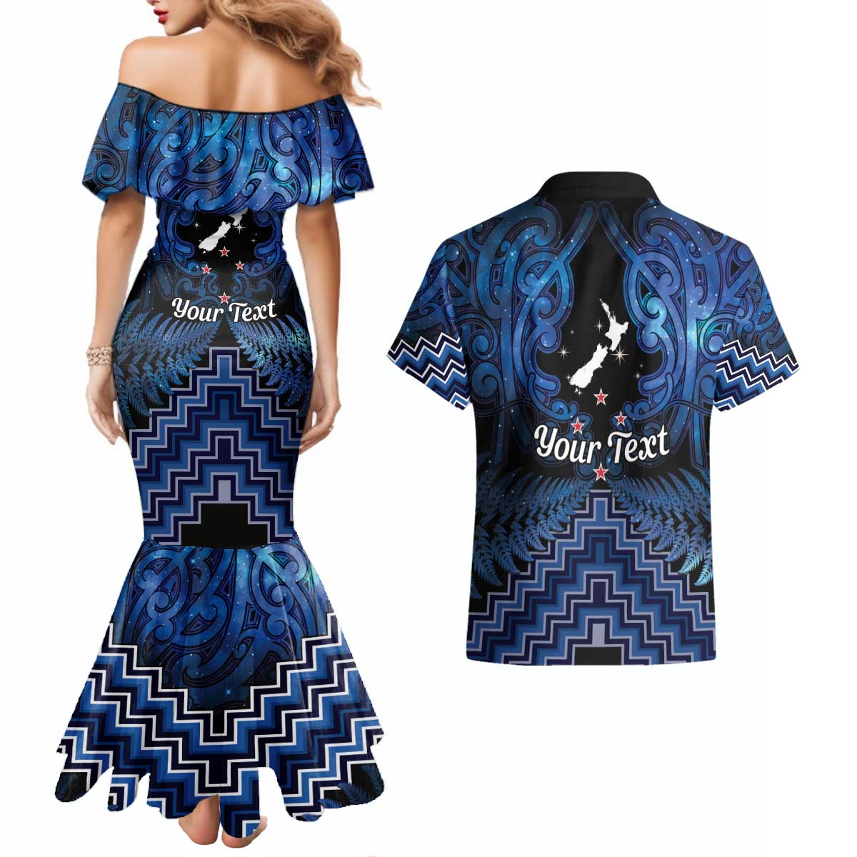 Personalised Aotearoa Matariki Couples Matching Mermaid Dress and Hawaiian Shirt Blue Fern Maori Poutama LT01 - Polynesian Pride