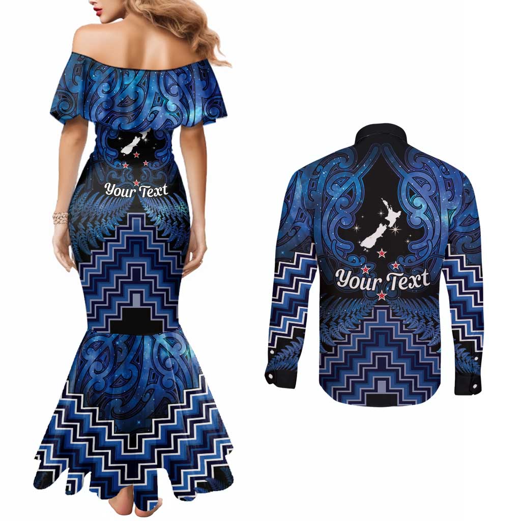 Personalised Aotearoa Matariki Couples Matching Mermaid Dress and Long Sleeve Button Shirt Blue Fern Maori Poutama LT01 - Polynesian Pride