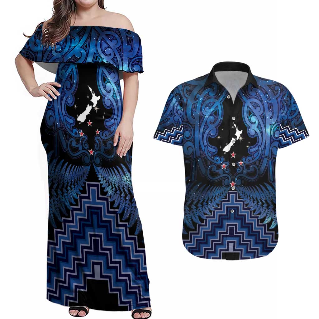 Personalised Aotearoa Matariki Couples Matching Off Shoulder Maxi Dress and Hawaiian Shirt Blue Fern Maori Poutama LT01 Blue - Polynesian Pride