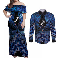 Personalised Aotearoa Matariki Couples Matching Off Shoulder Maxi Dress and Long Sleeve Button Shirt Blue Fern Maori Poutama LT01 Blue - Polynesian Pride