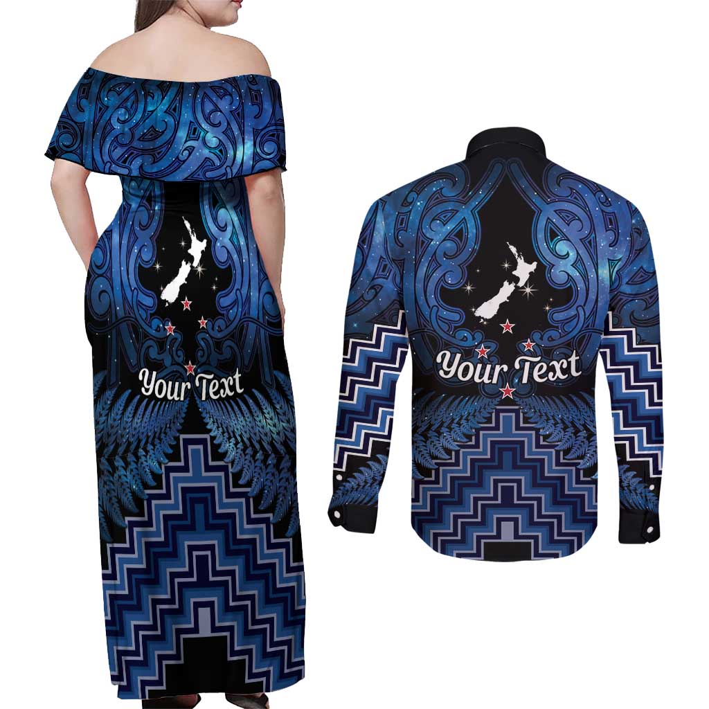 Personalised Aotearoa Matariki Couples Matching Off Shoulder Maxi Dress and Long Sleeve Button Shirt Blue Fern Maori Poutama LT01 - Polynesian Pride