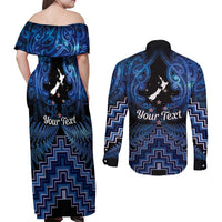 Personalised Aotearoa Matariki Couples Matching Off Shoulder Maxi Dress and Long Sleeve Button Shirt Blue Fern Maori Poutama LT01 - Polynesian Pride
