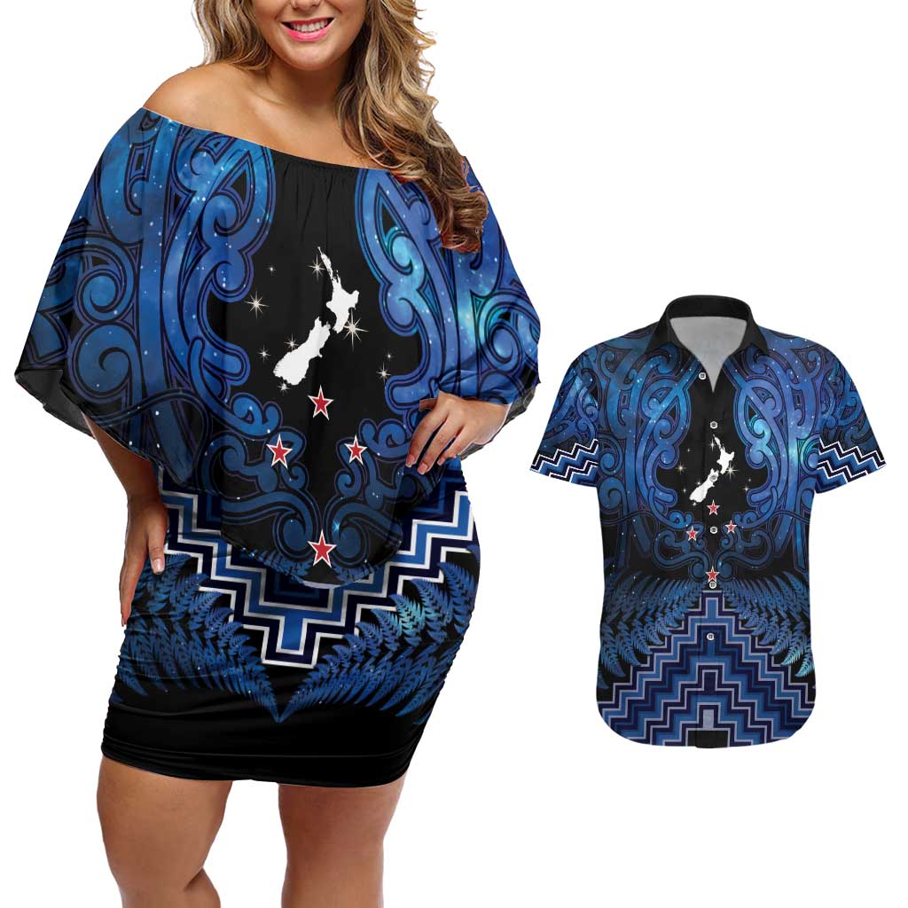 Personalised Aotearoa Matariki Couples Matching Off Shoulder Short Dress and Hawaiian Shirt Blue Fern Maori Poutama LT01 Blue - Polynesian Pride