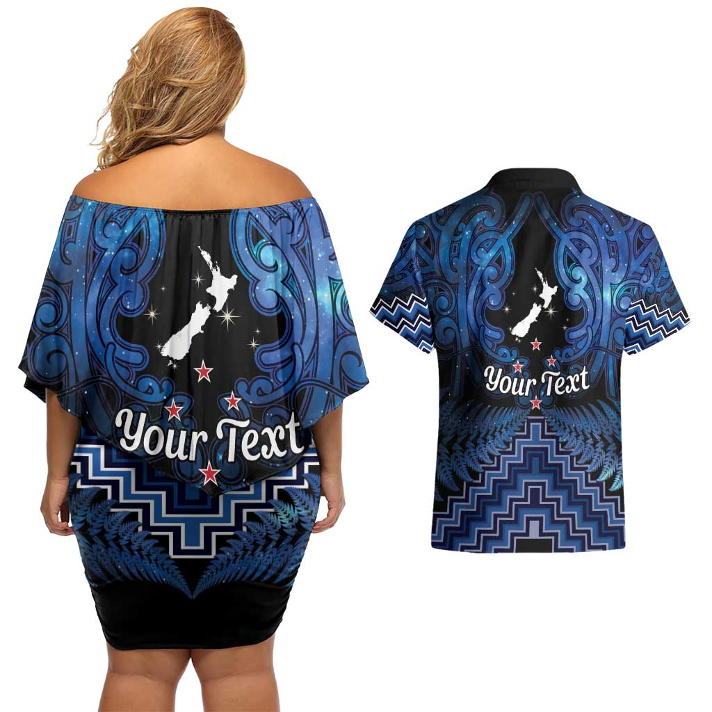 Personalised Aotearoa Matariki Couples Matching Off Shoulder Short Dress and Hawaiian Shirt Blue Fern Maori Poutama LT01 - Polynesian Pride