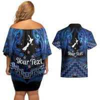 Personalised Aotearoa Matariki Couples Matching Off Shoulder Short Dress and Hawaiian Shirt Blue Fern Maori Poutama LT01 - Polynesian Pride