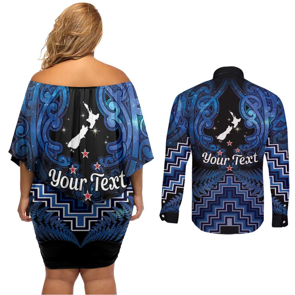 Personalised Aotearoa Matariki Couples Matching Off Shoulder Short Dress and Long Sleeve Button Shirt Blue Fern Maori Poutama LT01 - Polynesian Pride